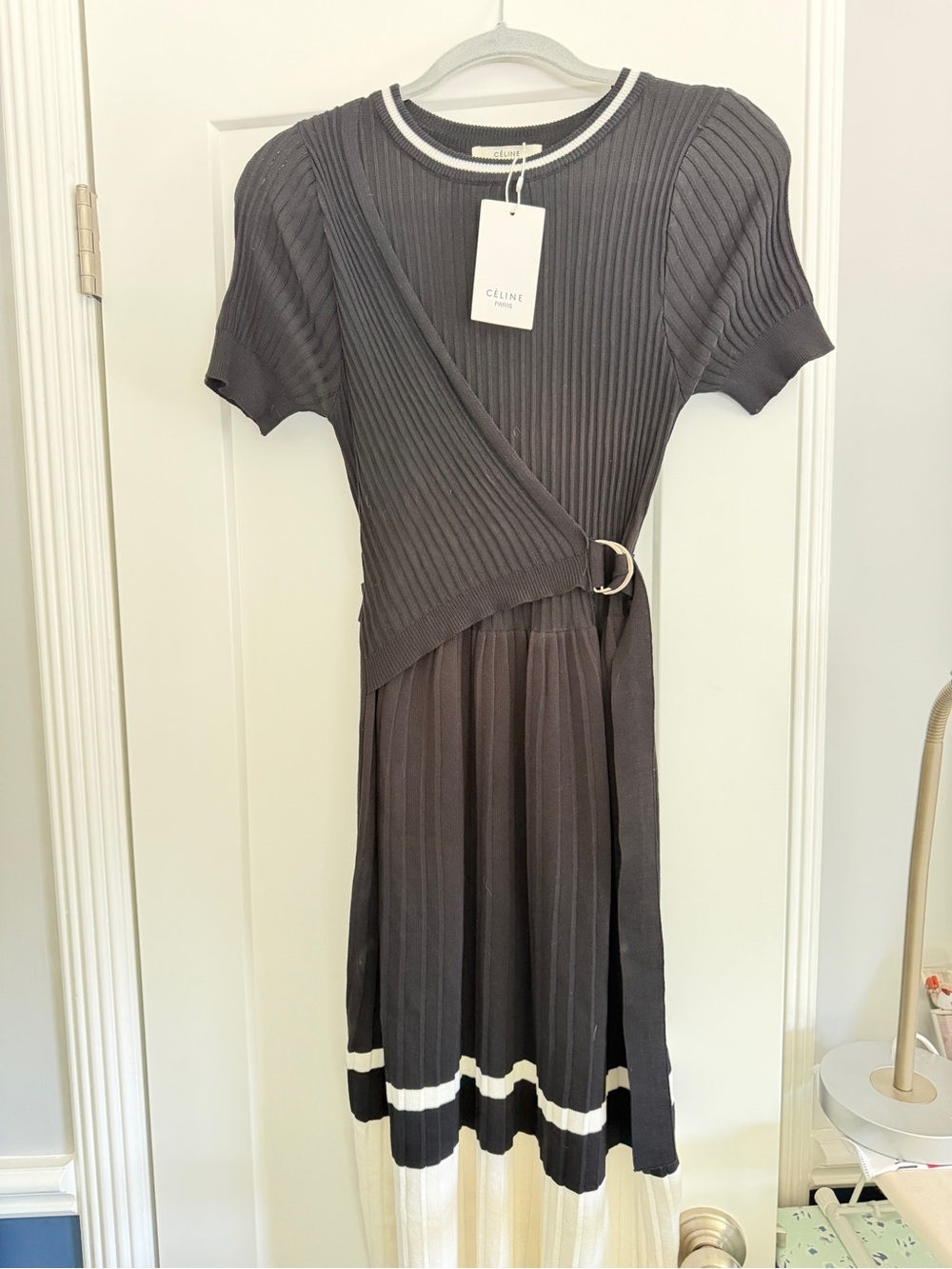 Celine Black Midi Ribbed Wrap Dress with Cream Trim